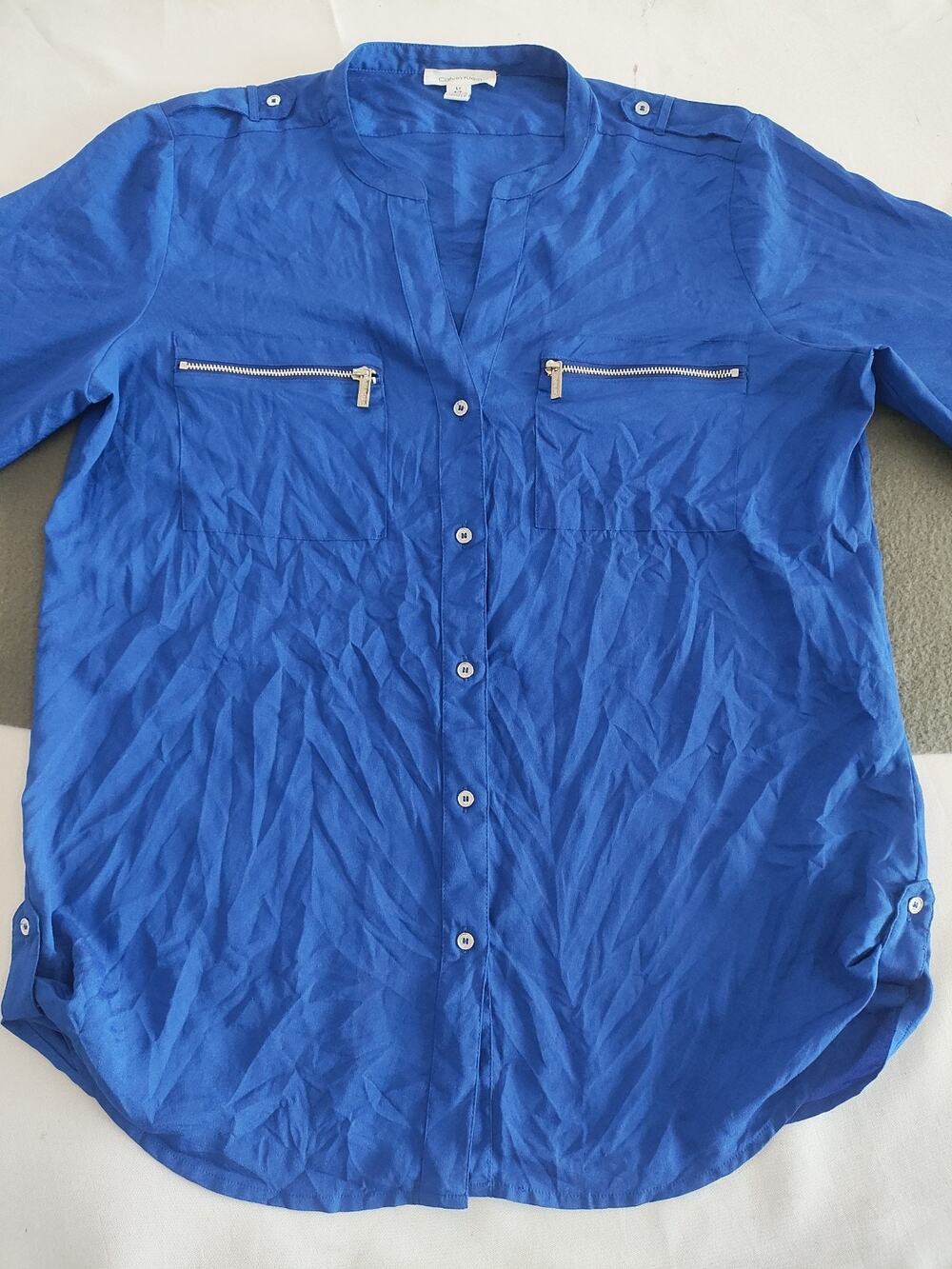 Calvin Klein Women Cobalt Blue Long Sleeve Button Down Blouse L Silver Accents